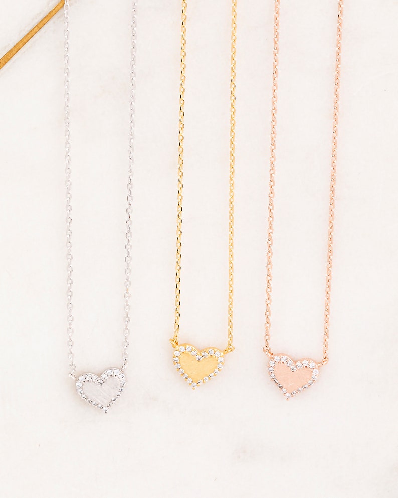 Love Necklace 18K Gold Dipped Jeweled Heart Necklace Brushed Gold Dainty Necklace Gift Idea Handmade Rose Gold Necklace
