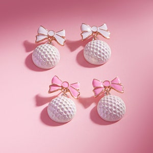 Gold White/Pink Ribbon Golf Ball Earring | Dainty Mini Golf Earring | Cute Golf Ball Earring | Minimalist Golf Ball Earring | Gift Idea