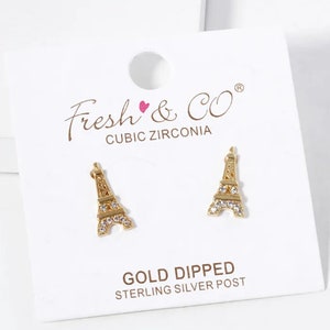 Gold/White Gold Dipped Jeweled Mini Eiffel Tower Stud Earrings | Dainty Mini Eiffel Tower Earrings | Cute Mini Eiffel Tower Earrings