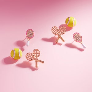 Gold Assorted Jeweled Mini Tennis Racket/Ball/Doubles Racket Earring | Dainty Tennis Earring | Cute Tennis Earring | Tennis Lover Earring