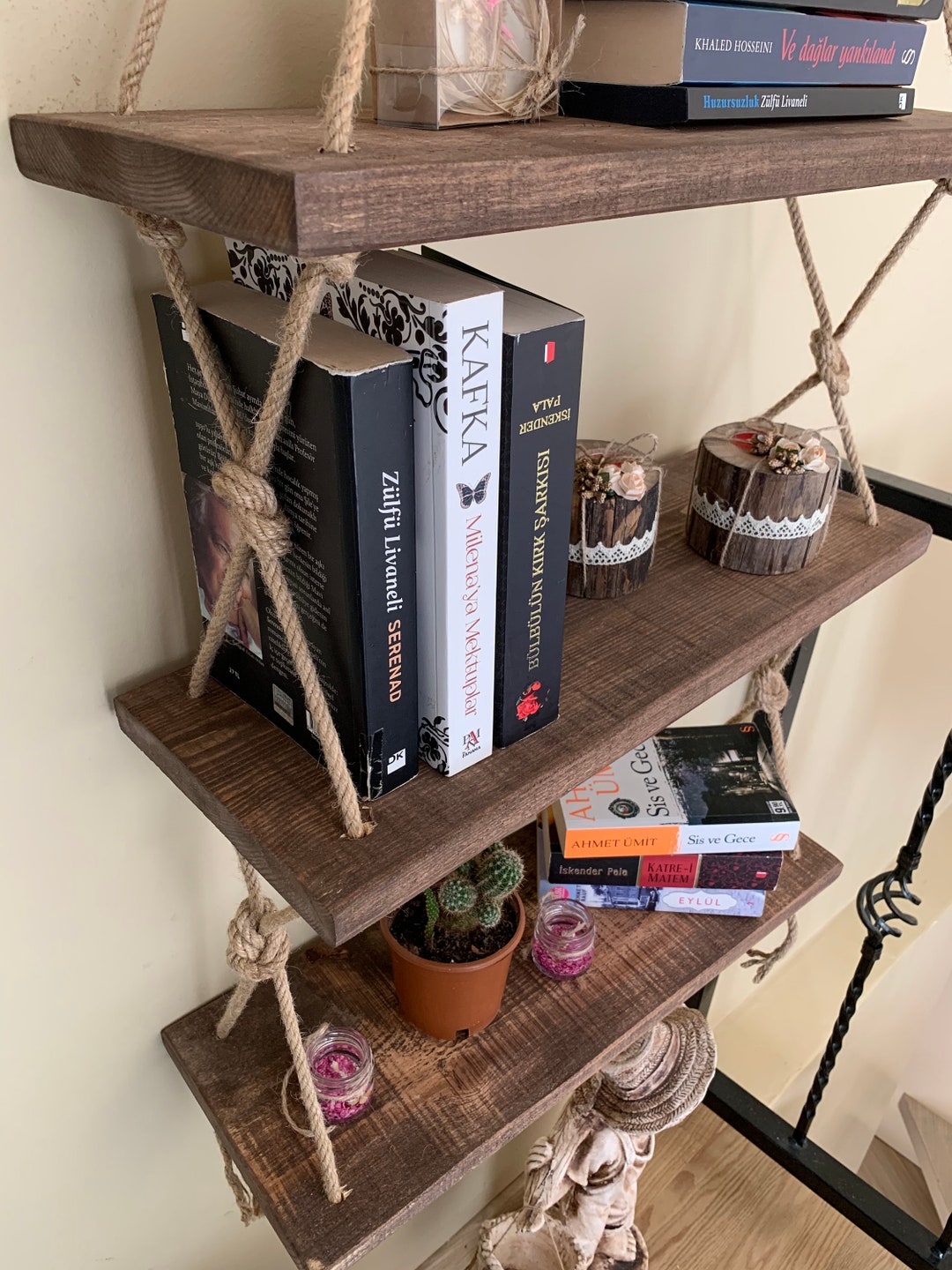 Bookcase Bookshelf Wooden Decorative Design Special Process Triple Rope
