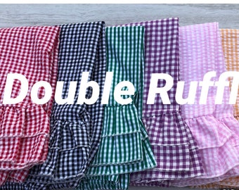 Gingham Double Ruffle Fully Lined Pants - 9m, 12m, 18m, 2t, 3t, 4t, 5t, 6t, 7t Light Pink, Purple, Red, Light blue, Orange, Black, Green