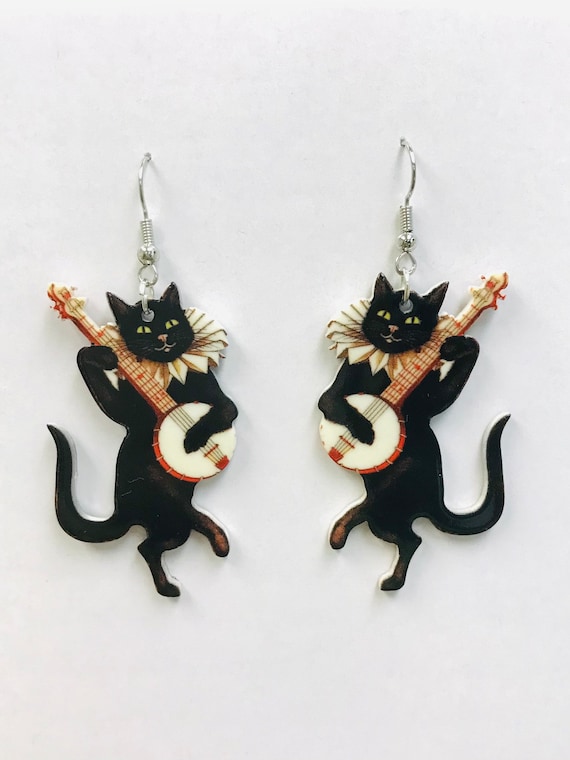 Banjo Cat Earrings, Acrylic Earrings, Cute Cat Earrings, Kawaii Gift, Gift  For Her, Banjo Cat Charms, Banjo Cat Cottagecore cat