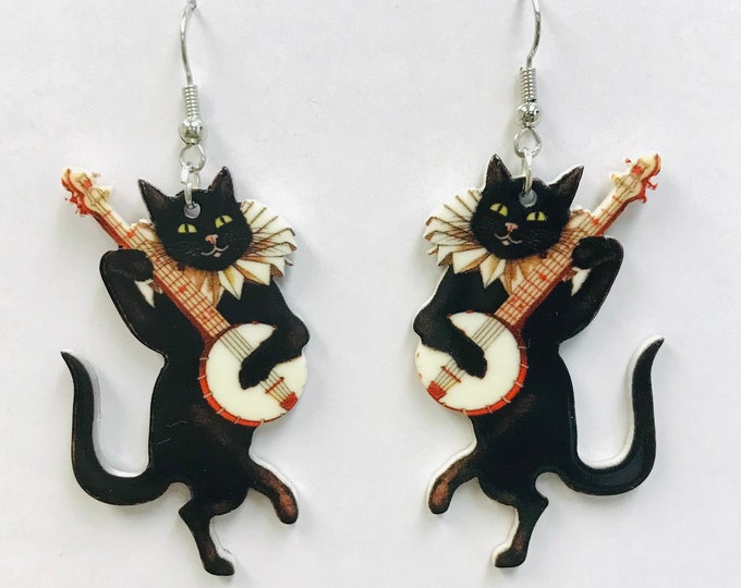 Banjo Cat Earrings, Acrylic Earrings, Cute Cat Earrings, Kawaii Gift, Gift For Her, Banjo Cat Charms, Banjo Cat Pendant. Cottagecore cat