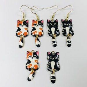 CAT CHARMS, Black Cat Earrings, Cat wagging tail, Calico Cat Wag Tail Earrings, Cat Lover, Cat Mom, Cute Cat Earrings