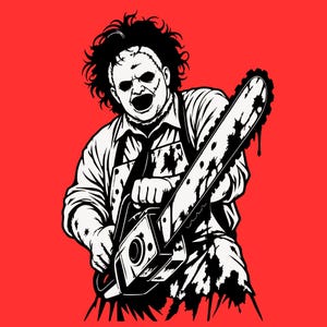 May include: A black and white graphic illustration of a character wearing a stitched mask, a collared shirt, and an apron, holding a chainsaw. The character has messy hair and an open mouth. The entire design is set against a solid red background.
