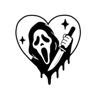 May include: A black and white graphic illustration featuring a heart shape with a dripping bottom edge. Inside the heart is a hooded figure with a mask showing an open mouth and eyes, holding a knife. Two four-pointed star icons flank the figure.