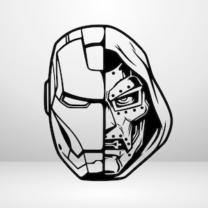 May include: A black and white graphic decal featuring a split face design. The left side depicts a smooth, segmented robotic helmet mask, while the right side shows a detailed, hooded human-like face with a metallic, riveted mask covering the mouth.