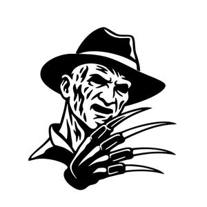 Könnte beinhalten: Eine schwarz-weiße grafische Illustration einer Figur mit Fedora-Hut, die ein vernarbtes Gesicht und einen behandschuhten Hand zeigt, von dessen Fingern vier lange, scharfe, metallisch wirkende Klingen ausgehen, dargestellt in hohem Kontrast.