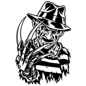 Puede incluir: Una ilustración gráfica en blanco y negro de un personaje con sombrero fedora y suéter a rayas. El personaje tiene la cara cicatrizada y un guante con largas y afiladas cuchillas de metal en los dedos, posicionado cerca de la cara.