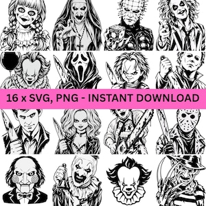 Puede incluir: Una colección de 16 ilustraciones digitales en blanco y negro que presentan varios personajes de películas de terror, incluyendo muñecos, figuras enmascaradas y payasos. La imagen incluye el texto 16 x SVG, PNG - INSTANT DOWNLOAD.