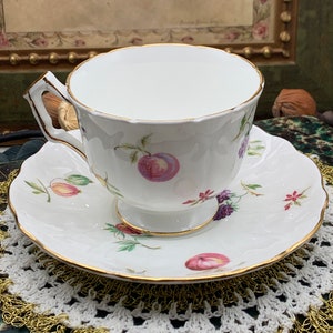 Aynsley “Florida” tea cup and saucer set white with fruits. Vintage bone china England