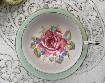 Paragon AS IS mint green and large pink cabbage rose double warrant tea cup and saucer set. Vintage bone china England
