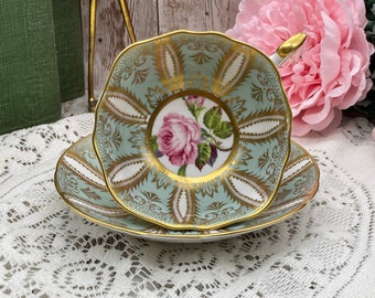 Paragon sage green with white and gold and pink cabbage rose tea cup and saucer set. Vintage bone china England