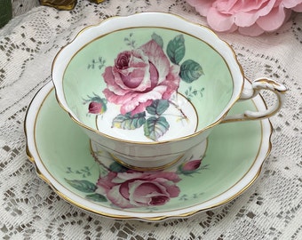 Paragon double warrant mint green and white with large pink cabbage rose tea cup and saucer set. Vintage bone china England