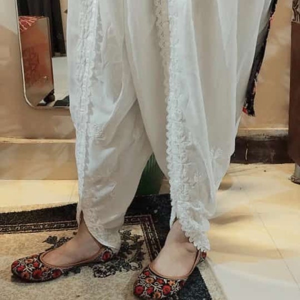 White Embellished Cotton Dhoti Pants