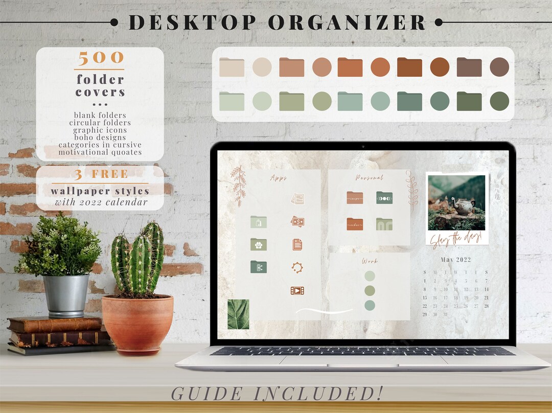 Desktop Organizer for Mac Earthy File Folder Icons & Wallpapers With 2022 Calendar Editable