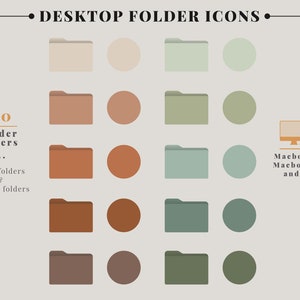 May include: A set of 20 folder icons for desktop computers. The icons are in various shades of beige, brown, green, and gray. The icons are in the shape of a folder and a circle. The text "20 folder covers" is in the upper left corner of the image. The text "blank folders & circular folders" is in the lower left corner of the image. The text "Macbook Air, Macbook Pro, and iMac" is in the lower right corner of the image.