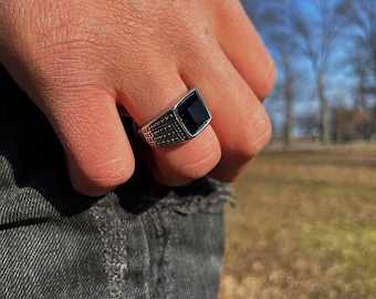 mens silver ring with black stone