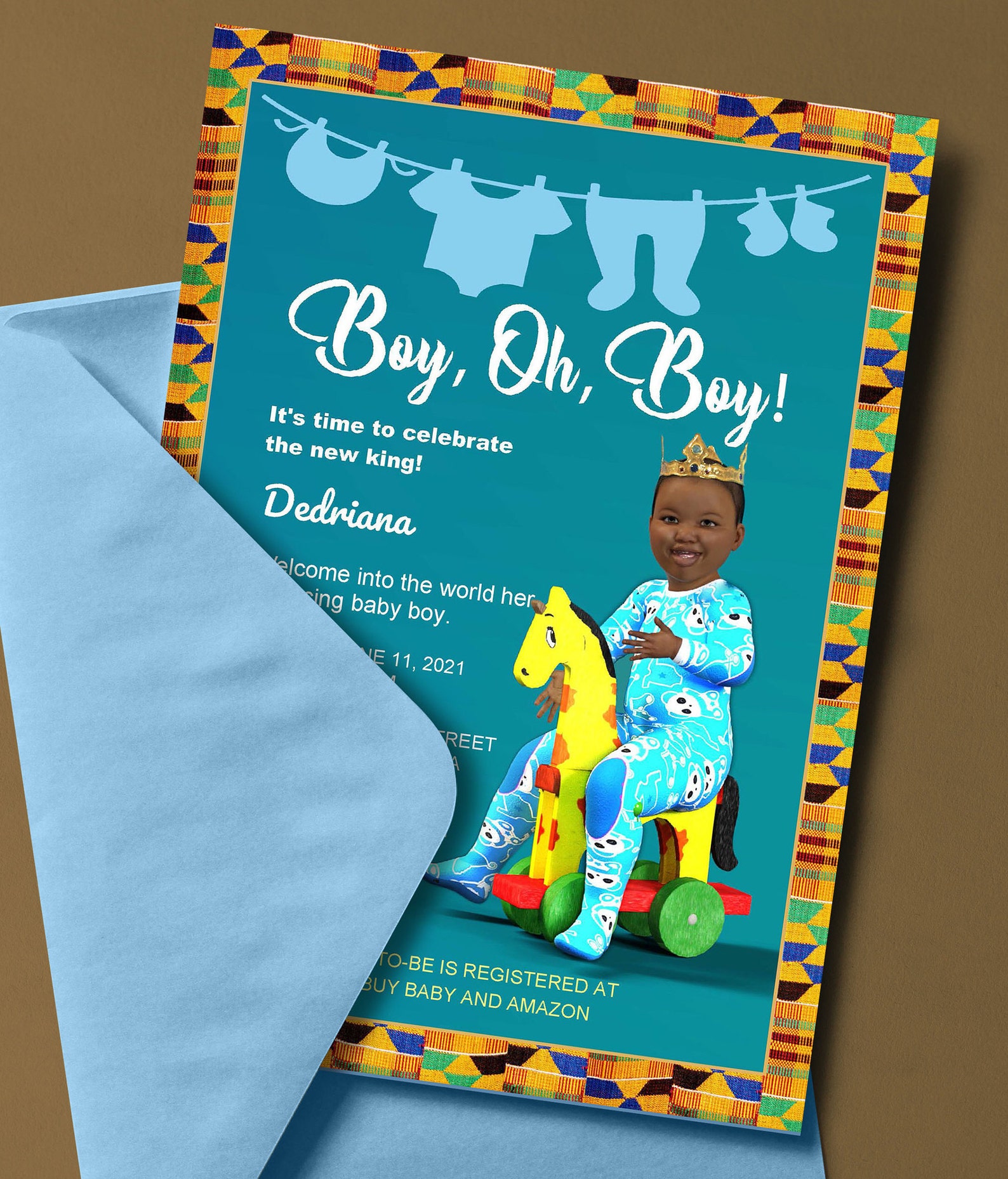 Boy king baby shower Invitation card. Editable Kente Etsy