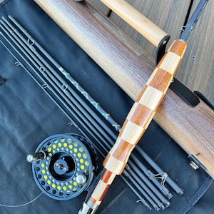 Handcrafted Graphite Fly Rod (TRAVEL) with Handmade Mahogany and Maple Checkered Handle and Real Seat and Case - 9&#39;, 7 Piece, 5 Weight