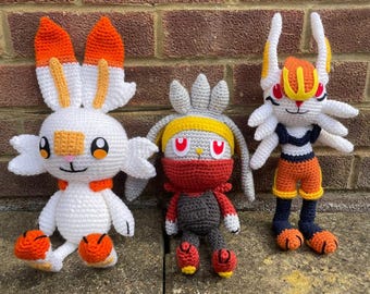 Pokémon Scorbunny Evolution Amigurumi Häkelanleitungen Bundle | 3 PDF Schnittmuster mit Video Anleitung | Scorbunny Raboot Aschenbecher