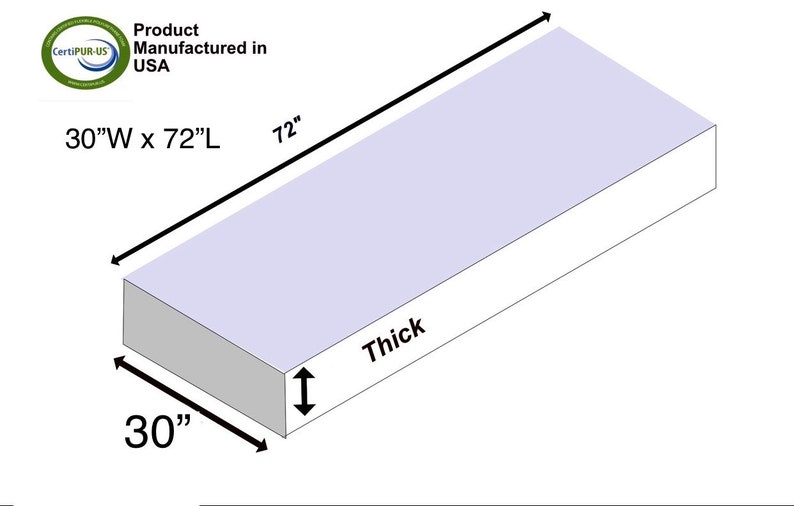 May include: A white rectangular foam mattress with dimensions of 30 inches wide by 72 inches long. The mattress is 12 inches thick.