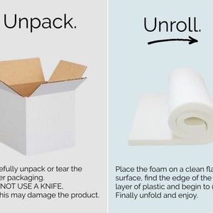 May include: Instructions on how to unpack and unroll a white foam product. The image shows a white cardboard box with the top open and a white foam roll. The text reads "Unpack" and "Unroll".