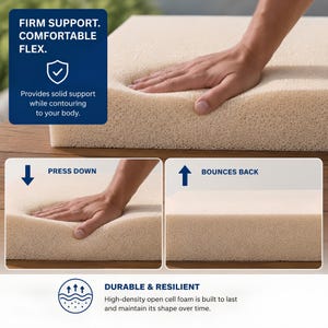 May include: A rectangular block of beige open-cell foam. Text on the image reads: FIRM SUPPORT. COMFORTABLE FLEX. Provides solid support while contouring to your body. PRESS DOWN. BOUNCES BACK. DURABLE & RESILIENT. High-density open cell foam is built to last.