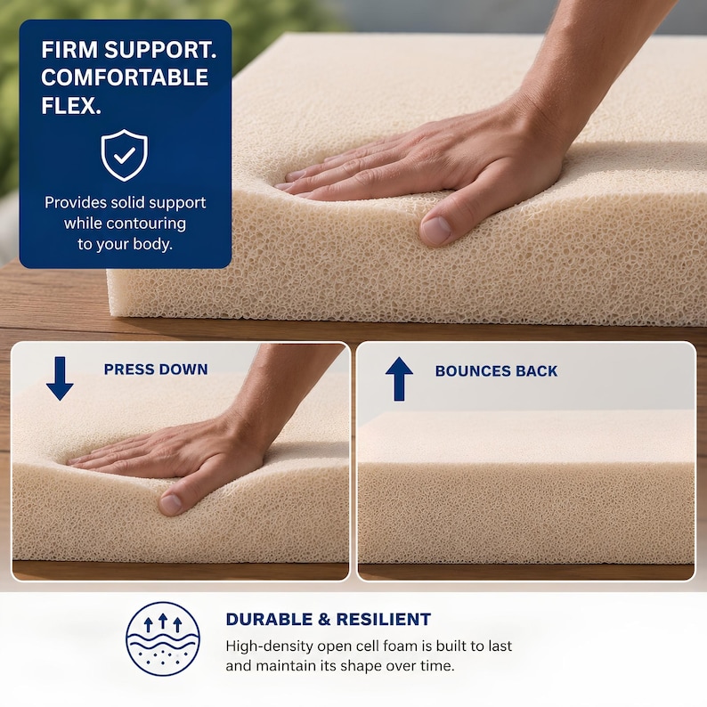 May include: A rectangular block of beige open-cell foam. Text on the image reads: FIRM SUPPORT. COMFORTABLE FLEX. Provides solid support while contouring to your body. PRESS DOWN. BOUNCES BACK. DURABLE & RESILIENT. High-density open cell foam is built to last.