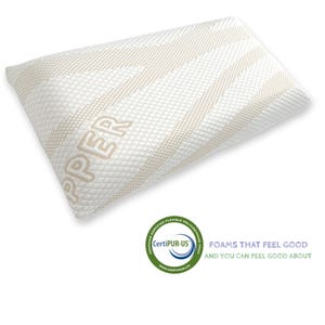 May include: A white pillow with a beige diamond pattern and the word "PPER" printed on it. The pillow is certified by CertiPUR-US, a program that certifies flexible polyurethane foam.