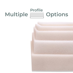 May include: A stack of four rectangular beige foam blocks with varying thicknesses, arranged in a tiered formation. Above the foam, the text reads Multiple Profile Options with a graphic icon of three stacked horizontal lines.