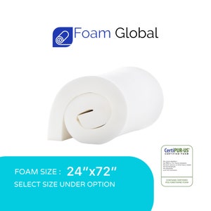 May include: A white foam roll, 24 inches by 72 inches, is rolled up and ready to be unrolled. The foam is CertiPUR-US certified. The foam is for crafting, upholstery, and other uses.