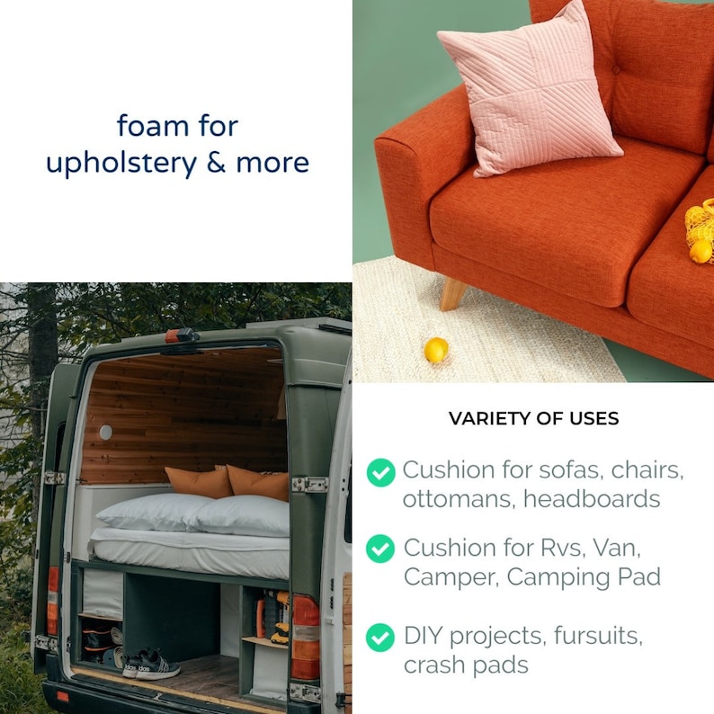 May include: Foam for upholstery and more.  A variety of uses for foam including cushions for sofas, chairs, ottomans, headboards, RVs, vans, campers, and camping pads.  Also great for DIY projects, fursuits, and crash pads.
