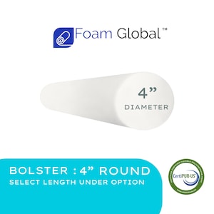 May include: White foam bolster, 4 inches in diameter, for use as a support cushion. The text "BOLSTER : 4" ROUND SELECT LENGTH UNDER OPTION" is displayed below the bolster.