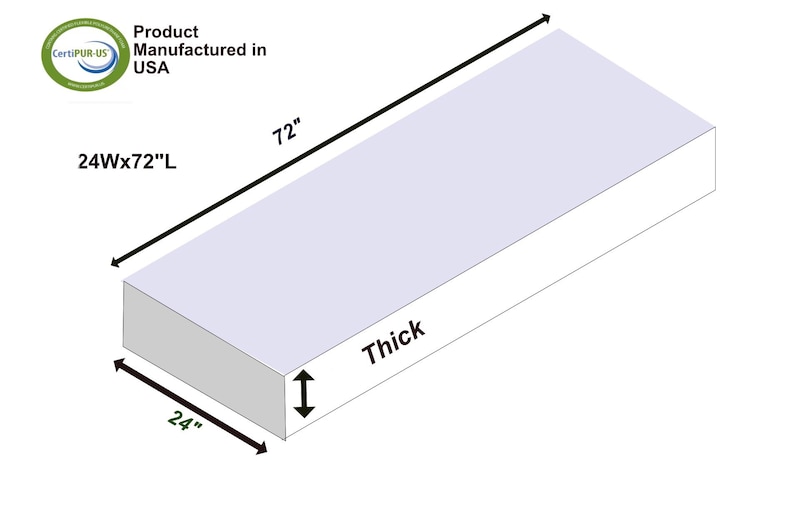 May include: A rectangular white foam cushion measuring 24 inches wide by 72 inches long. The product features a CertiPUR-US logo in the corner and includes clear dimension labels indicating 24W x 72L and a thickness indicator on the side.