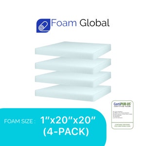 May include: Four 1 inch thick, 20 inch by 20 inch foam squares. The foam is white and is stacked on top of each other. The foam is CertiPUR-US certified. The text "FOAM SIZE: 1"x20"x20" (4-PACK)" is written in blue text on a turquoise background.
