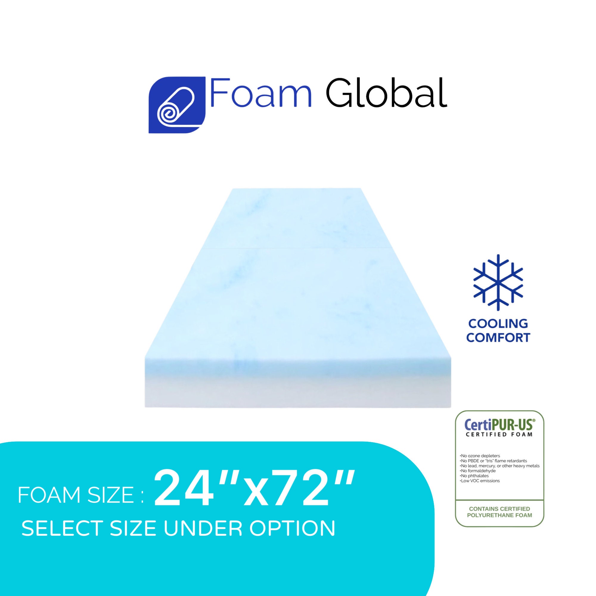 24 X 72 Cooling Gel-infused Memory Foam Cushion, High Density Foam Base,  Bench Cushion, Couch Cushion 
