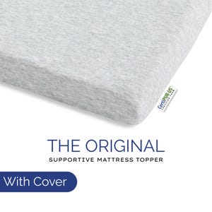 May include: A grey mattress topper with a grey and white striped cover. The topper is labelled "The Original Supportive Mattress Topper" and "With Cover". The topper is certified by CertiPUR-US.