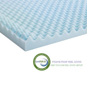 May include: A light blue, wavy, foam mattress topper with a CertiPUR-US certification seal. The seal is green and white and says "CONTAINS CERTIFIED FLEXIBLE POLYURETHANE FOAM CertiPUR-US www.CERTIPUR.US" and "FOAMS THAT FEEL GOOD AND YOU CAN FEEL GOOD ABOUT".