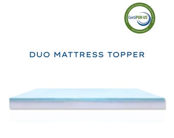 May include: A white and blue mattress topper with the text "DUO MATTRESS TOPPER" printed on a white background. The topper has a CertiPUR-US certified logo.