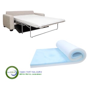 May include: A light gray fabric sofa bed with a white mattress and a metal frame. The sofa bed is folded out to show the mattress. A blue and white foam mattress topper is rolled up next to the sofa bed. The foam mattress topper has a CertiPUR-US logo on it. The text "FOAMS THAT FEEL GOOD AND YOU CAN FEEL GOOD ABOUT" is printed on the foam mattress topper.