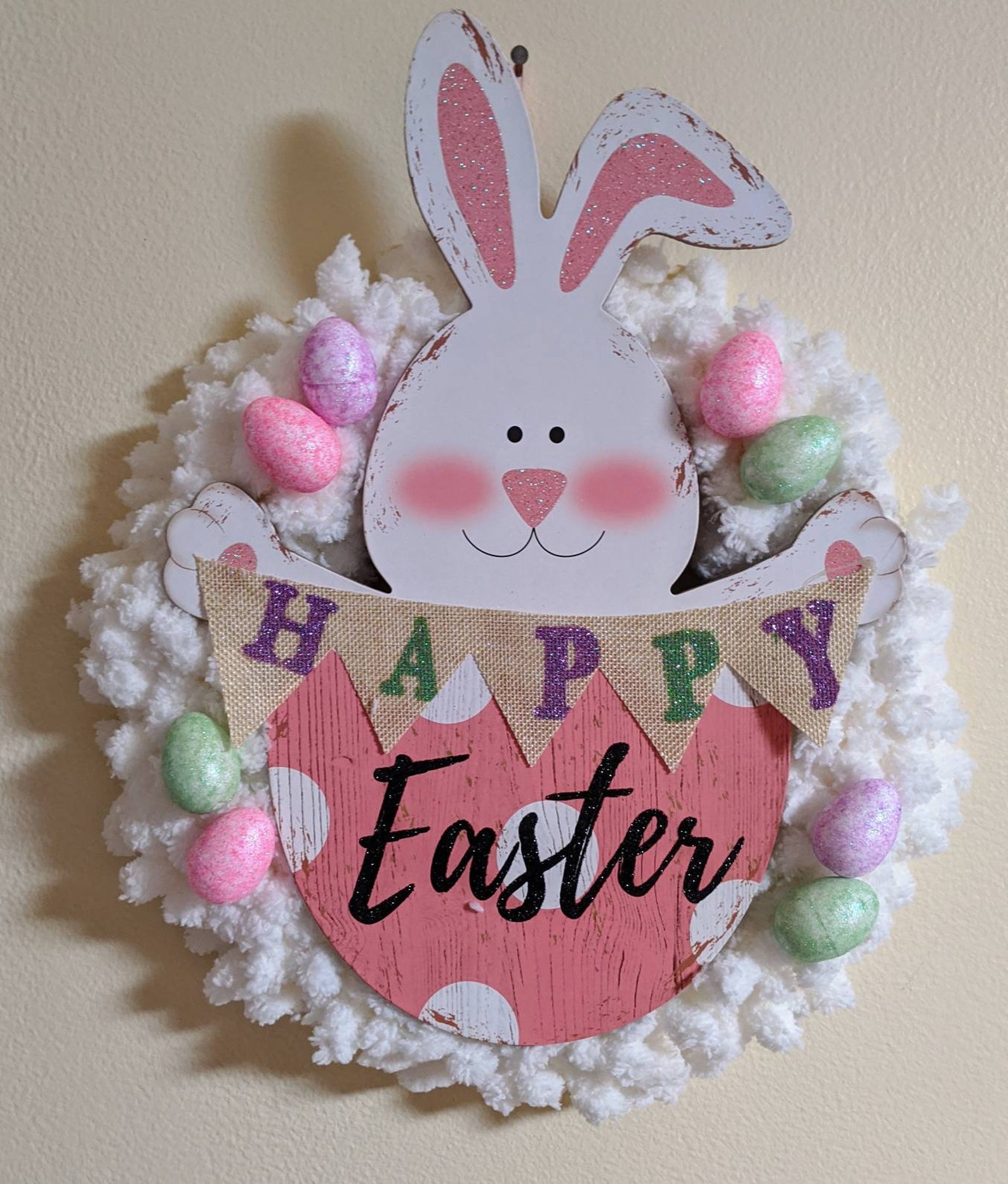 Happy Easter Bunny Sign Yarn Wreath with Eggs Happy Easter Bunny Sign Yarn Wreath with Eggs