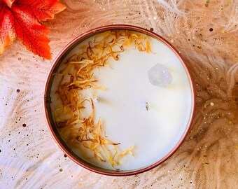 Clear Quartz Crystal Candle, Pumpkin Pecan Scent, Calendula Petals