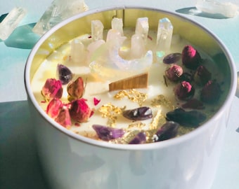 Zen Crystal Candle: Rose Quartz, Amethyst, and Moon Opalite