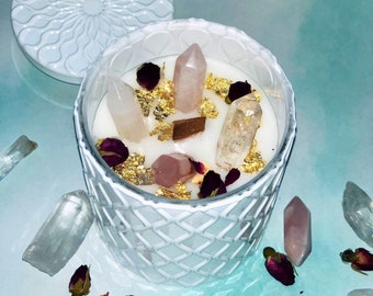 Rose Quartz Crystal Candle, Coconut Soy Wax with Rosebuds