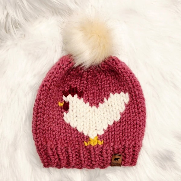 Mother Clucker Knit Chicken Beanie | Toque with Faux Fur Pom Pom