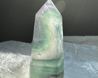 Pastel Green Purple Fluorite Crystal Tower: Reiki Cleansed, 4.4" | Balance Harmony | Cleanse Chakras