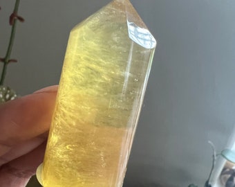 Bright Yellow Fluorite Cylinder Point Tower: Reiki Infused Crystal | Solar Plexus Chakra | Harmony| Creativity