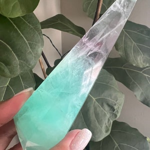 Può includere: Una grande punta di cristallo verde chiaro e trasparente con una punta appuntita. Il cristallo è liscio e lucido, con un aspetto traslucido.